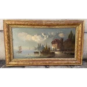 Oil Painting On Canvas Depicting A View Of A Bustling Harbor