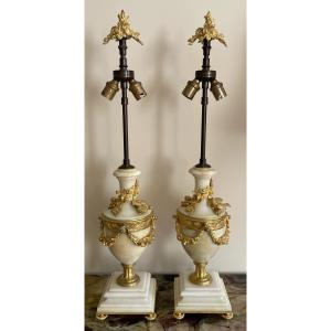 Pair Of Louis XVI Lamps Made Of Carrara Marble And Gilded Bronze