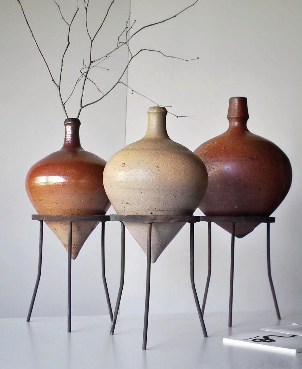 Trio De Soliflores En Grès Par Fabien Comte - Design Années 80 - Signés - 3 Hauteurs