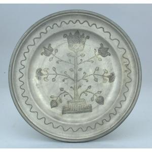 Engraved Pewter Dish, 18th C.