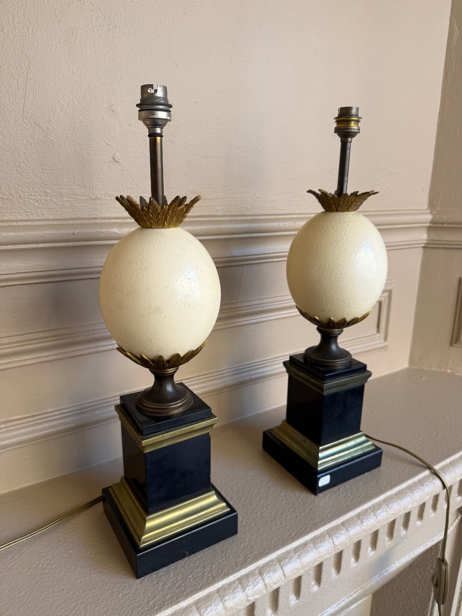 Pair Of Ostrich Egg Lamps - Maison Charles 1970-photo-1
