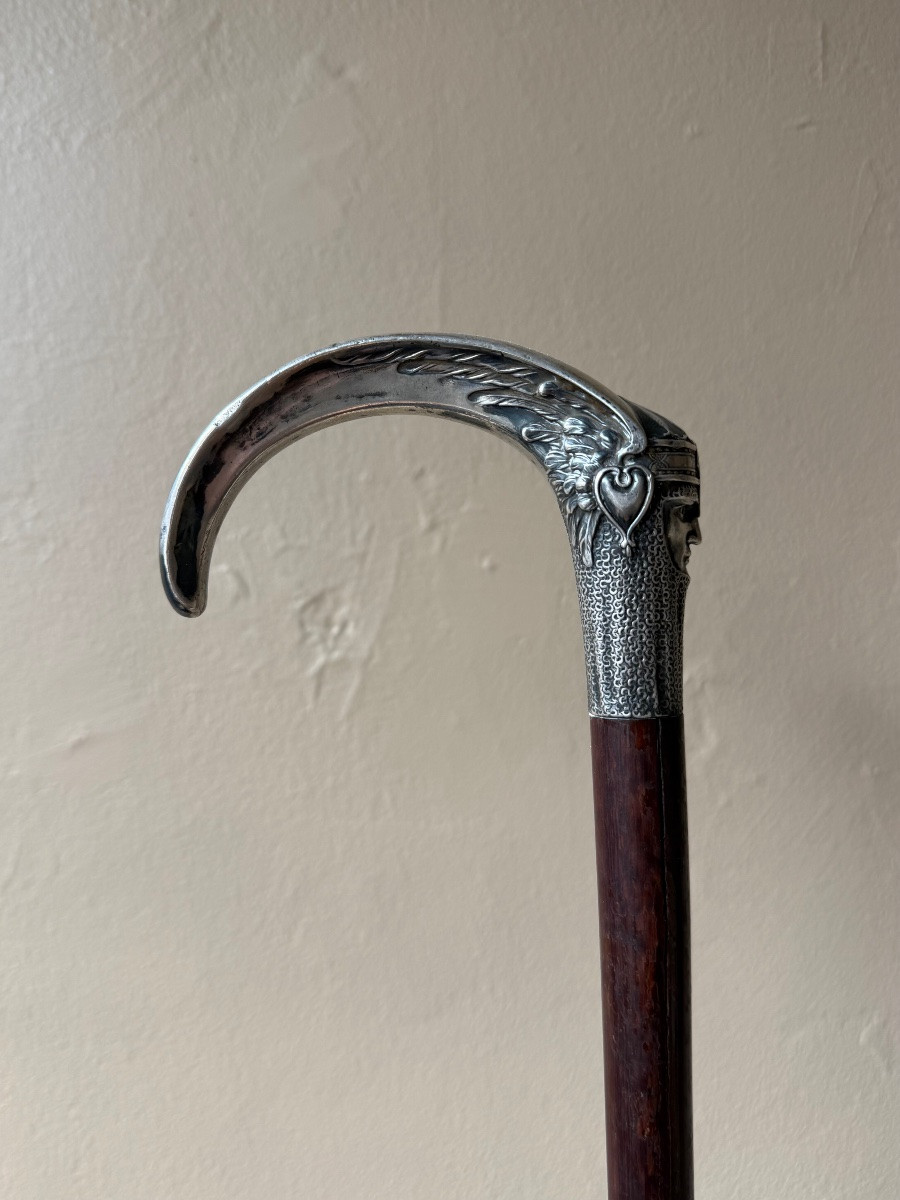 Lucien Gaillard - Canne courbe en argent Tête de Guerrier - Art Nouveau -photo-1
