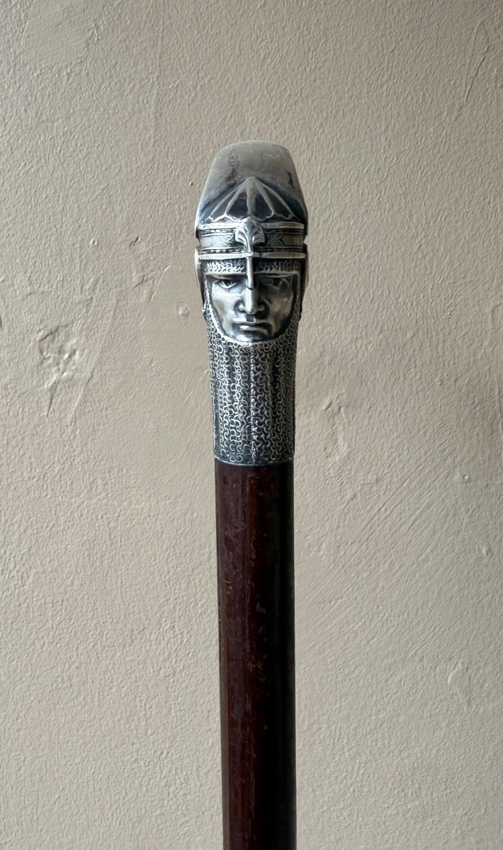 Lucien Gaillard - Canne courbe en argent Tête de Guerrier - Art Nouveau -photo-2