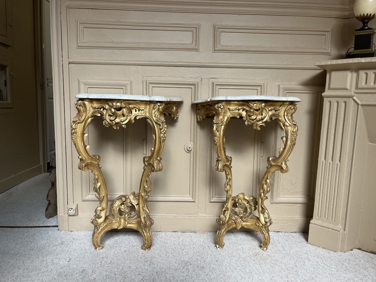 Pair Of Louis XV Period Gilded Wood Consoles 18th Century-photo-1