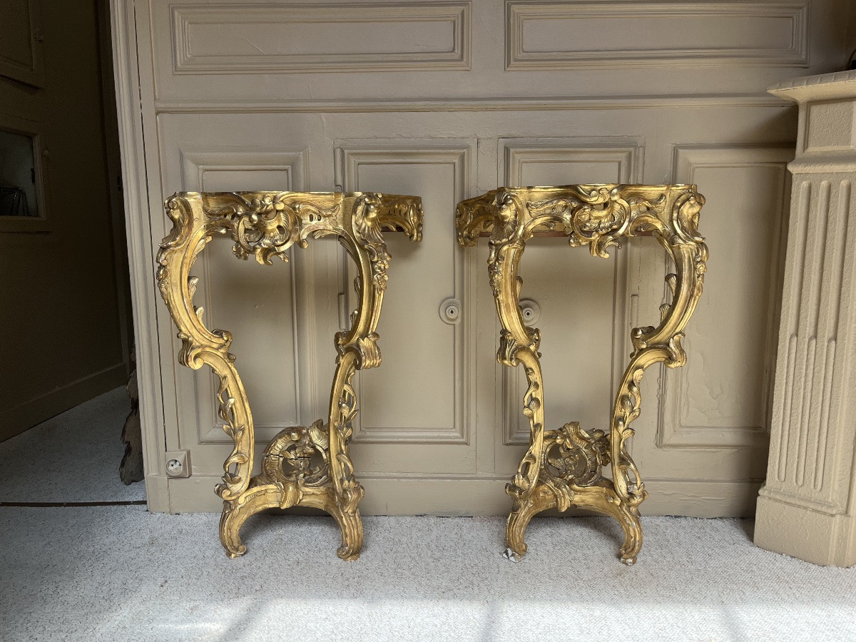 Pair Of Louis XV Period Gilded Wood Consoles 18th Century-photo-2