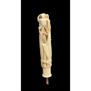 Large Parasol Knob In Ivory From Dieppe - Au Muguet 19th Century 
