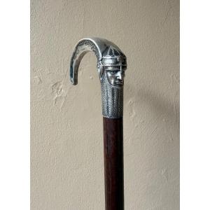 Lucien Gaillard - Canne courbe en argent Tête de Guerrier - Art Nouveau 