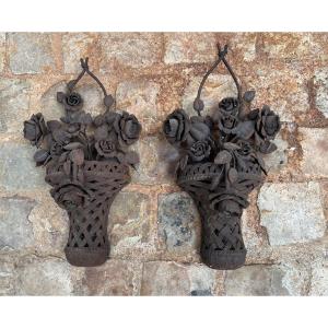 Pair Of Wall Lights In Hammered Iron - Ep Art Deco 1925 Flower Basket