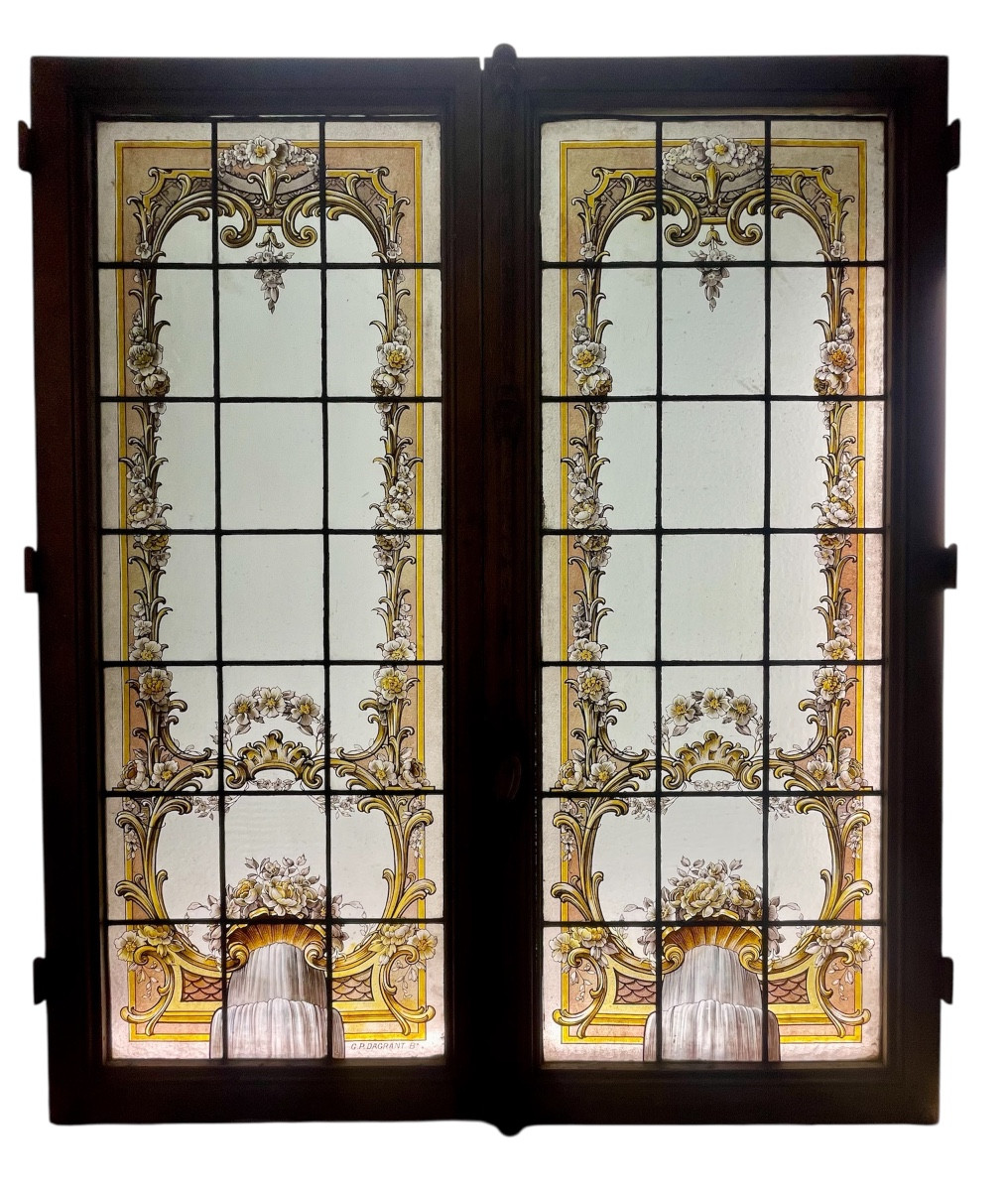 Pair Of Stained Glass Windows With Floral Scrolls 