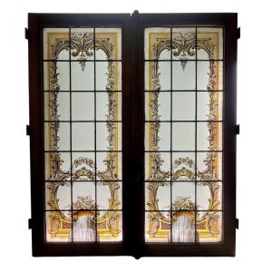 Pair Of Stained Glass Windows With Floral Scrolls 