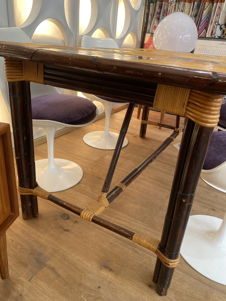 Adrien AUDOUX & Frida MINET (XXème), Table de salle à manger Rotin teinté, Bambou et céramique-photo-2
