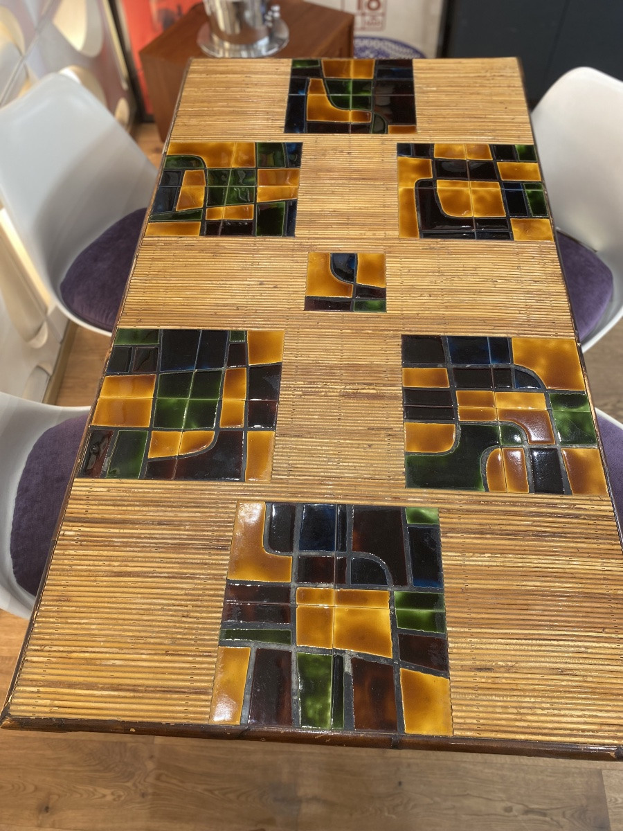 Adrien AUDOUX & Frida MINET (XXème), Table de salle à manger Rotin teinté, Bambou et céramique-photo-4