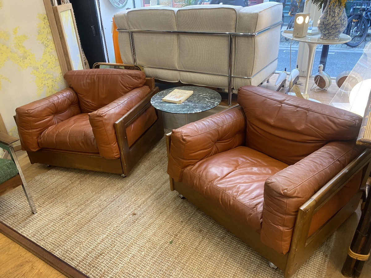 Paire de fauteuils Club Cuir cognac & Bois - Design Italien - Années 1970-photo-2