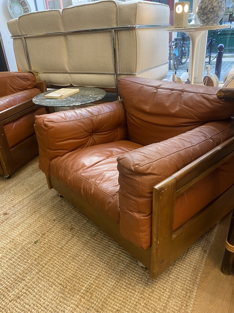 Paire de fauteuils Club Cuir cognac & Bois - Design Italien - Années 1970-photo-3