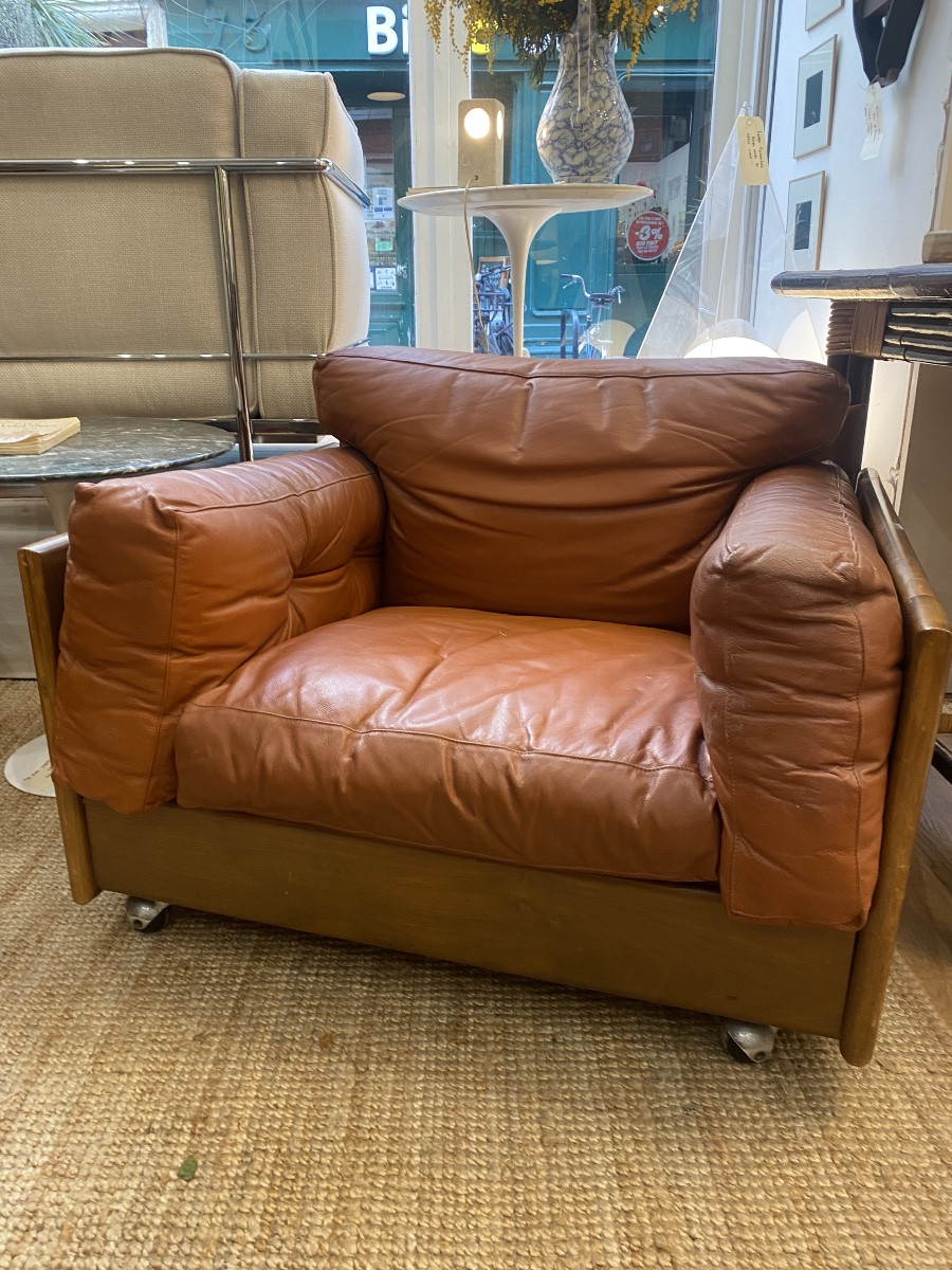 Paire de fauteuils Club Cuir cognac & Bois - Design Italien - Années 1970-photo-4