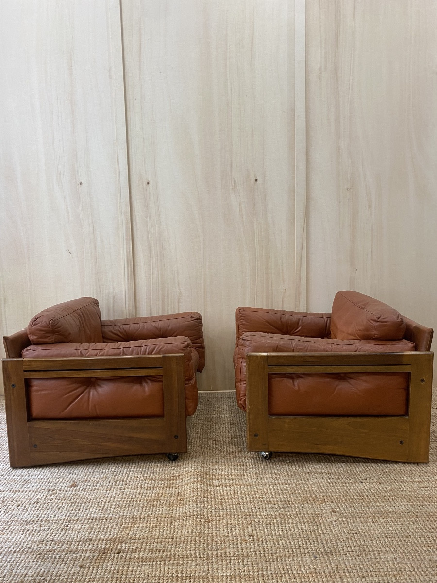 Paire de fauteuils Club Cuir cognac & Bois - Design Italien - Années 1970-photo-2