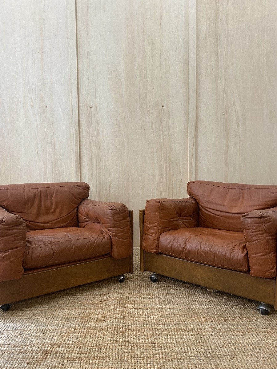 Paire de fauteuils Club Cuir cognac & Bois - Design Italien - Années 1970-photo-4