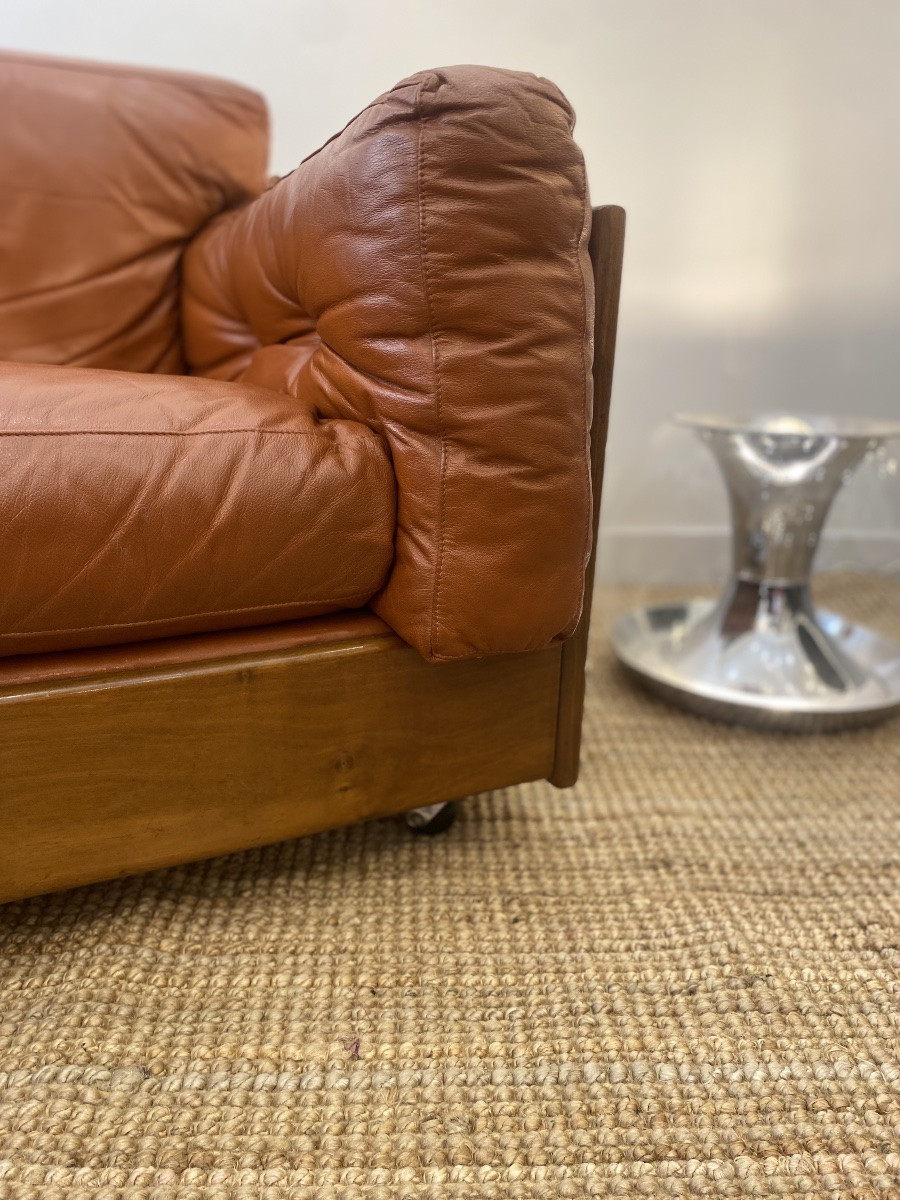 Paire de fauteuils Club Cuir cognac & Bois - Design Italien - Années 1970-photo-2