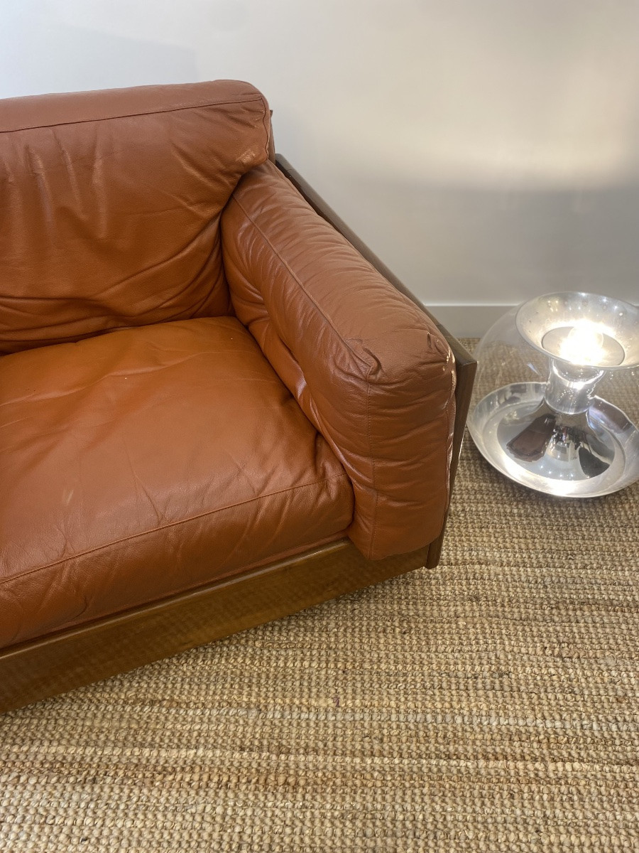 Paire de fauteuils Club Cuir cognac & Bois - Design Italien - Années 1970-photo-3