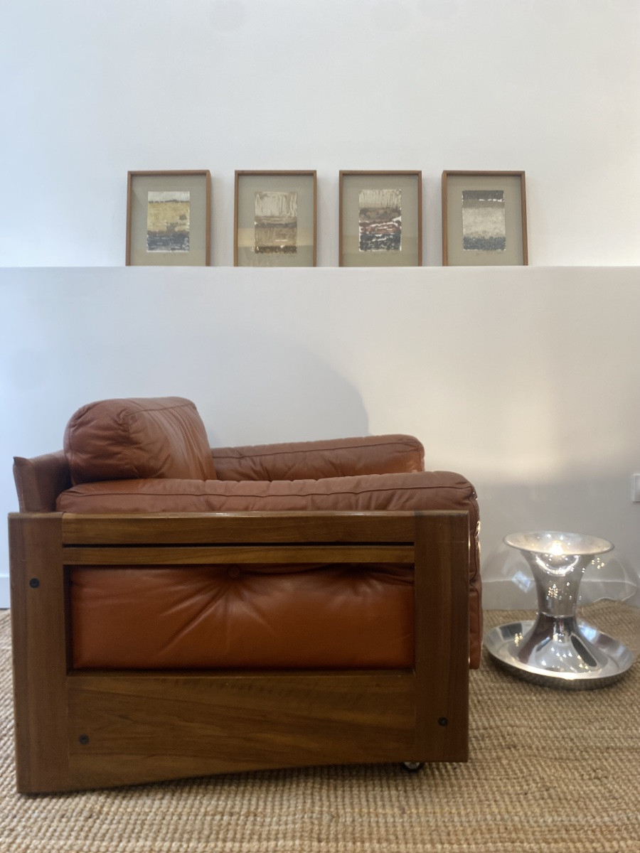 Paire de fauteuils Club Cuir cognac & Bois - Design Italien - Années 1970-photo-4