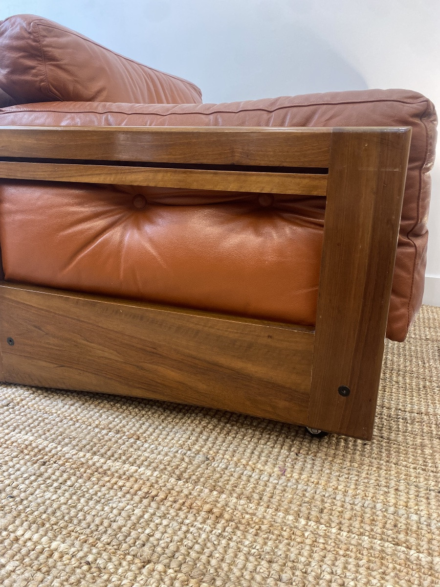 Paire de fauteuils Club Cuir cognac & Bois - Design Italien - Années 1970-photo-5