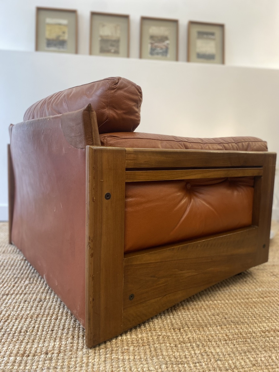 Paire de fauteuils Club Cuir cognac & Bois - Design Italien - Années 1970-photo-6