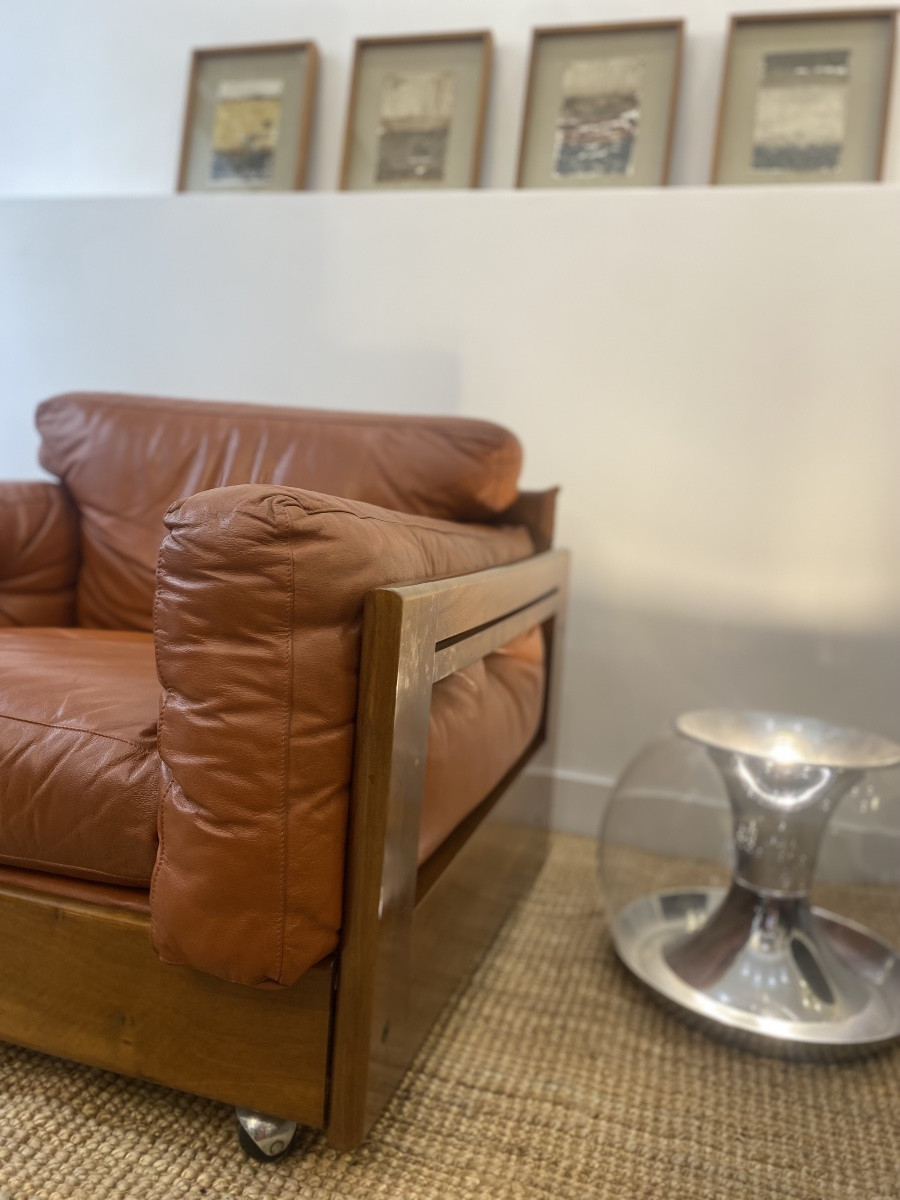 Paire de fauteuils Club Cuir cognac & Bois - Design Italien - Années 1970-photo-7