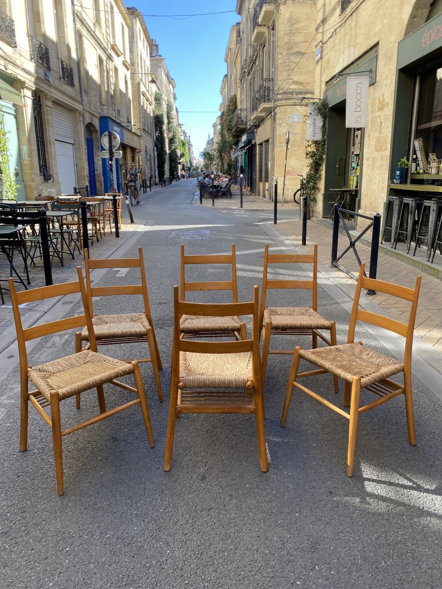 Set Of 6 Turned Wooden Chairs With Straw Seats - Yngve Ekström - Sweden, 1960-photo-2