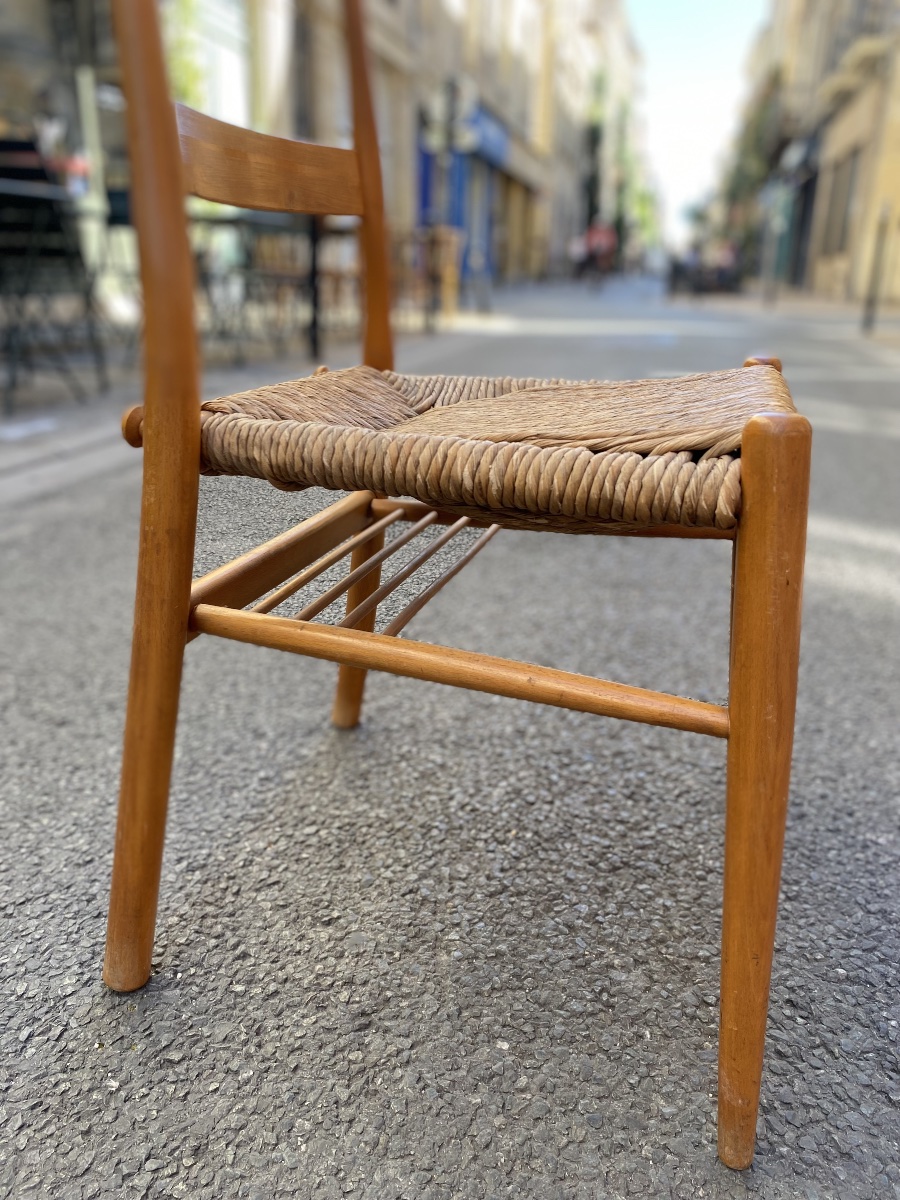 Set Of 6 Turned Wooden Chairs With Straw Seats - Yngve Ekström - Sweden, 1960-photo-4