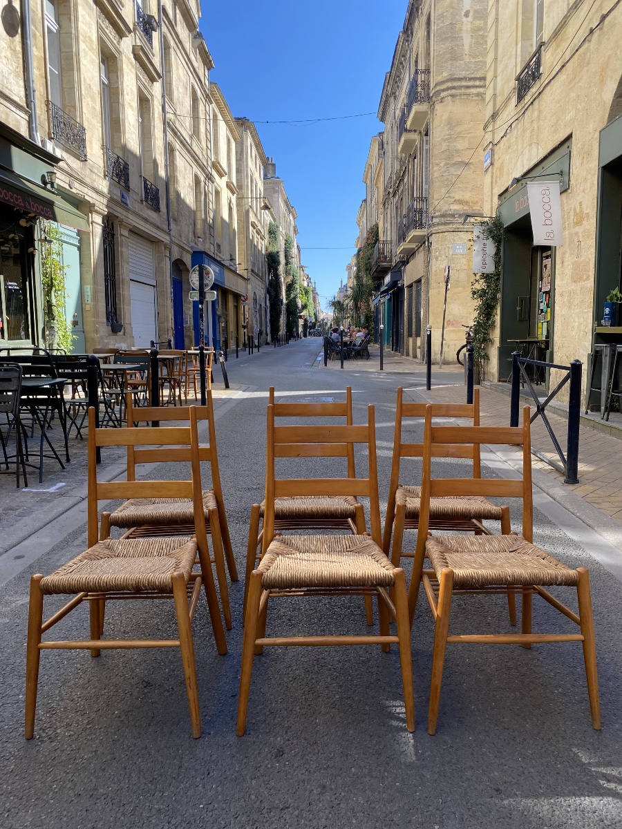 Set Of 6 Turned Wooden Chairs With Straw Seats - Yngve Ekström - Sweden, 1960-photo-7