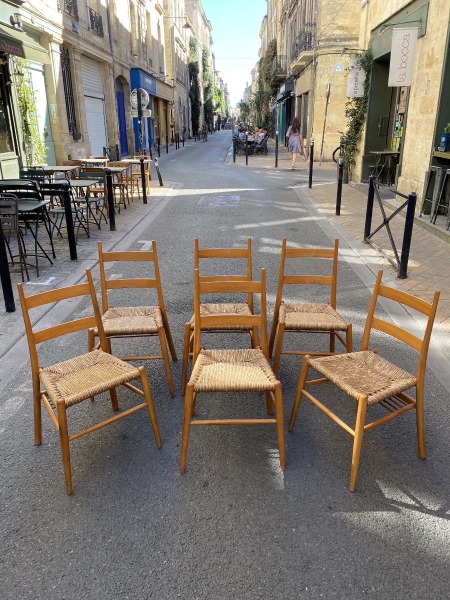 Set Of 6 Turned Wooden Chairs With Straw Seats - Yngve Ekström - Sweden, 1960