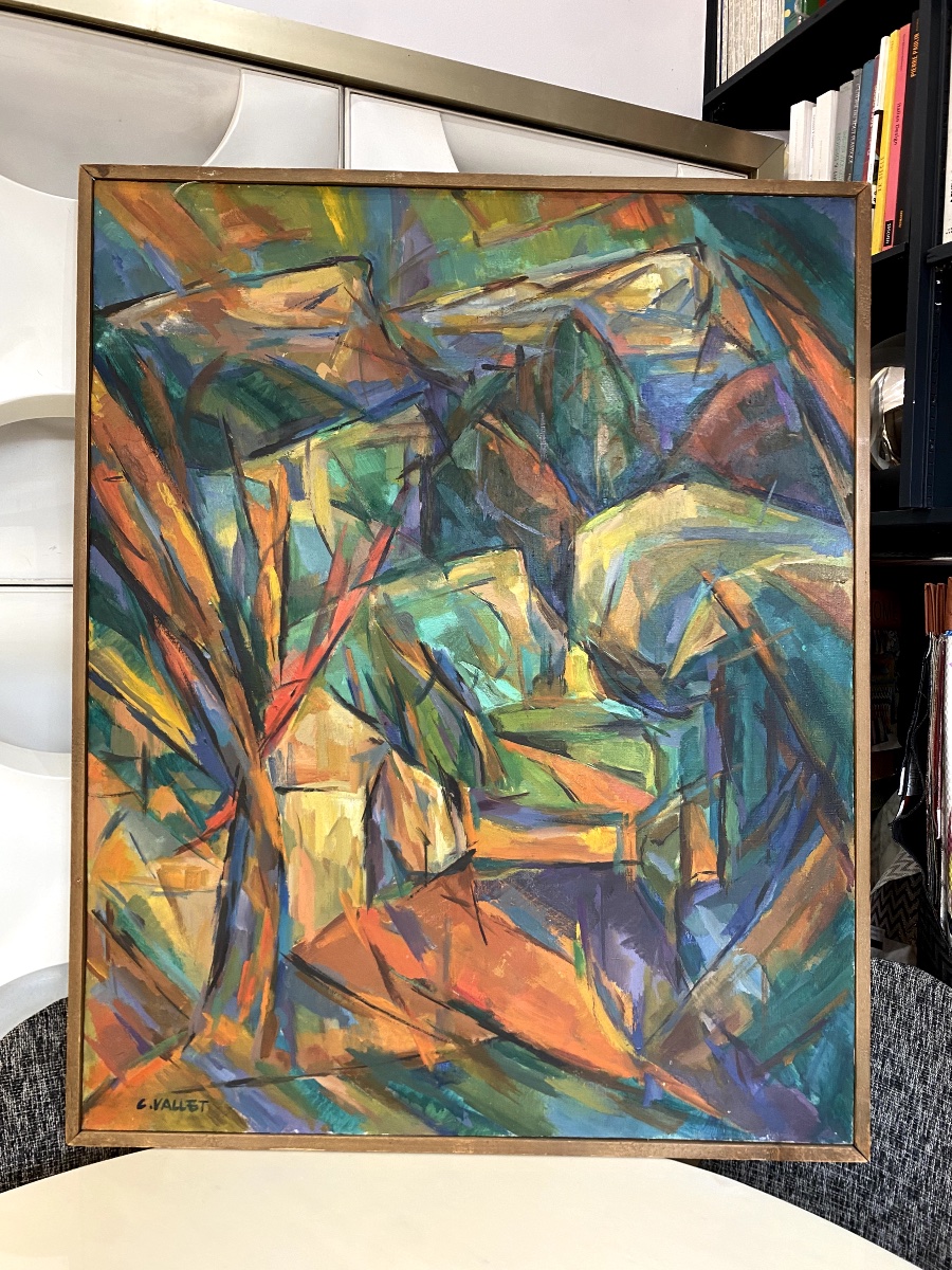 Huile sur toile " Arbres et rochers " de Claude Vallet - -photo-4