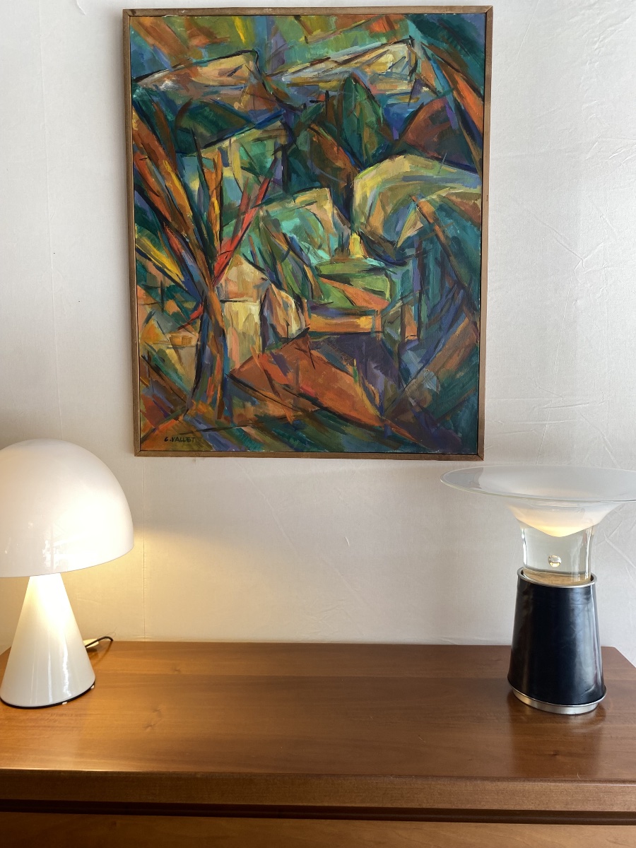 Huile sur toile " Arbres et rochers " de Claude Vallet - 