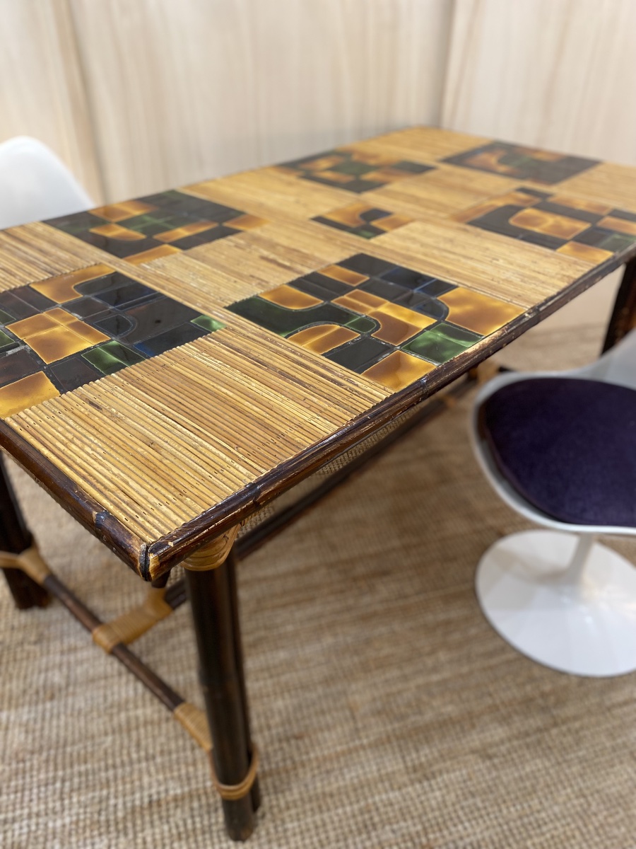 AUDOUX & MINET - Table de salle à manger Rotin teinté, Bambou et céramique-photo-4