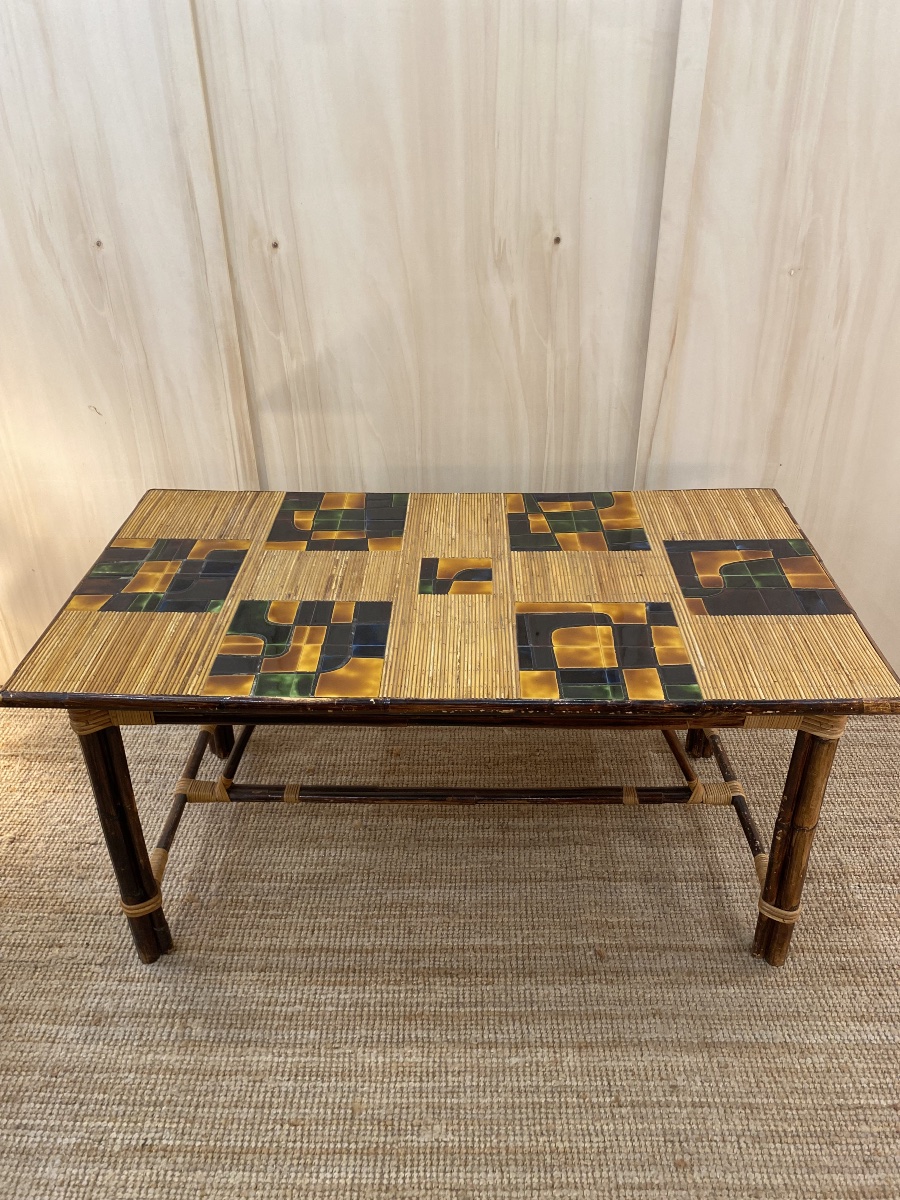 AUDOUX & MINET - Table de salle à manger Rotin teinté, Bambou et céramique