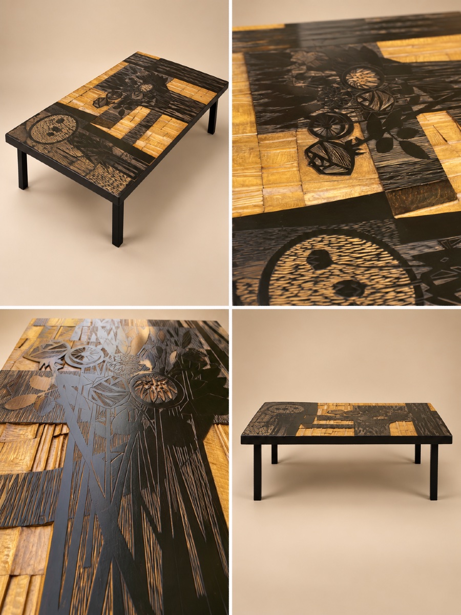 Decorative Wooden Coffee Table With Floral Motifs By Victor Cerrato, Italy, 1970s-photo-4