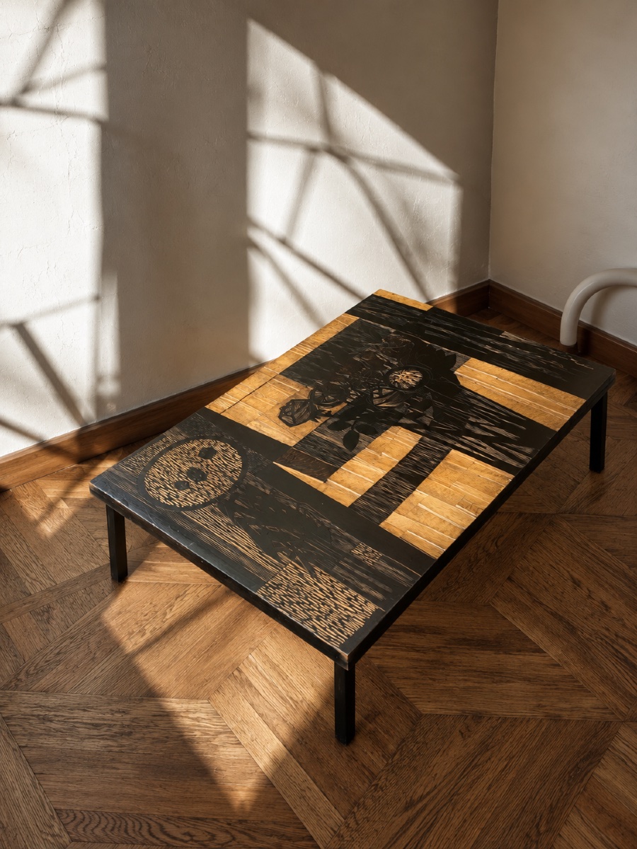 Decorative Wooden Coffee Table With Floral Motifs By Victor Cerrato, Italy, 1970s-photo-2