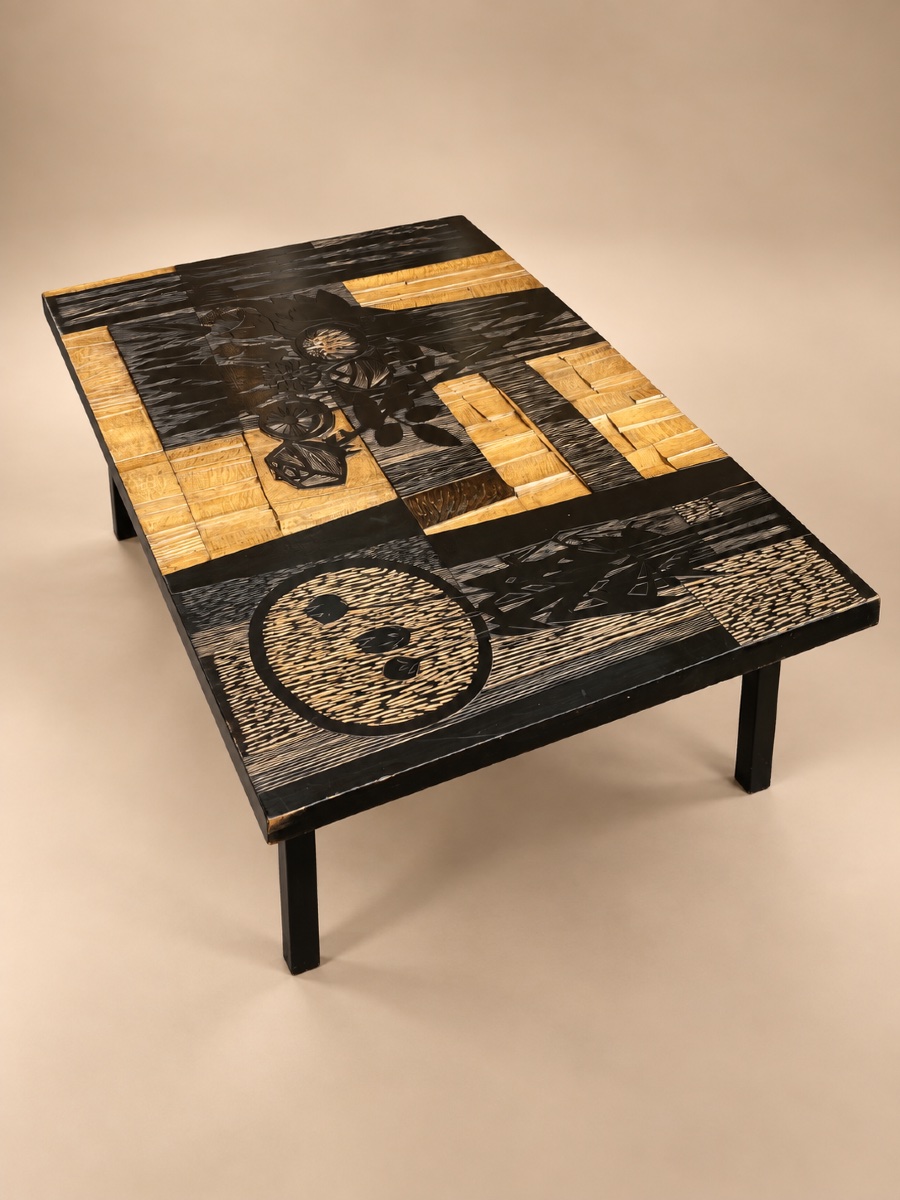 Decorative Wooden Coffee Table With Floral Motifs By Victor Cerrato, Italy, 1970s