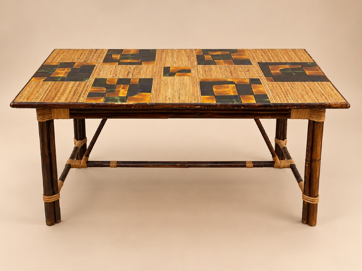 Dining Table In Stained Rattan, Bamboo, And Ceramic - Audoux & Minet-photo-2