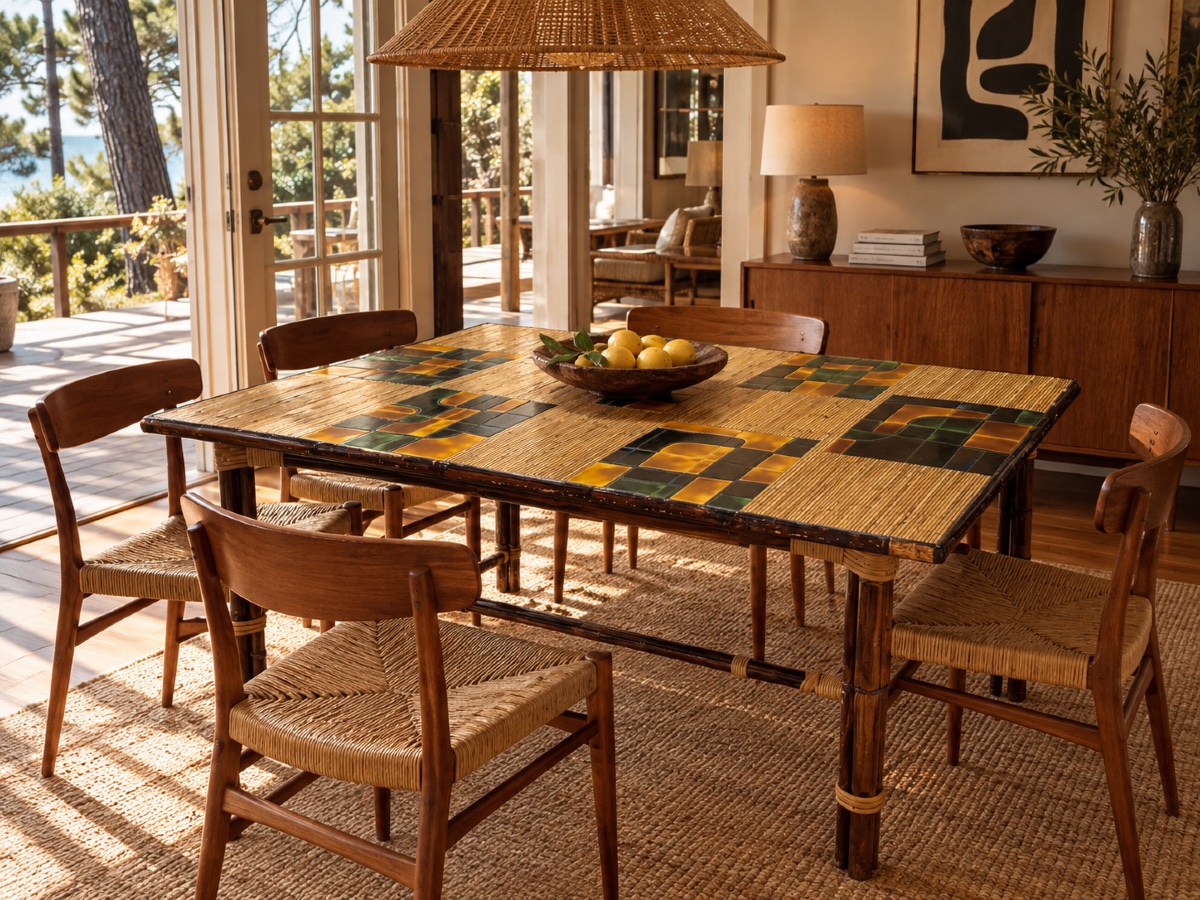 Dining Table In Stained Rattan, Bamboo, And Ceramic - Audoux & Minet-photo-3