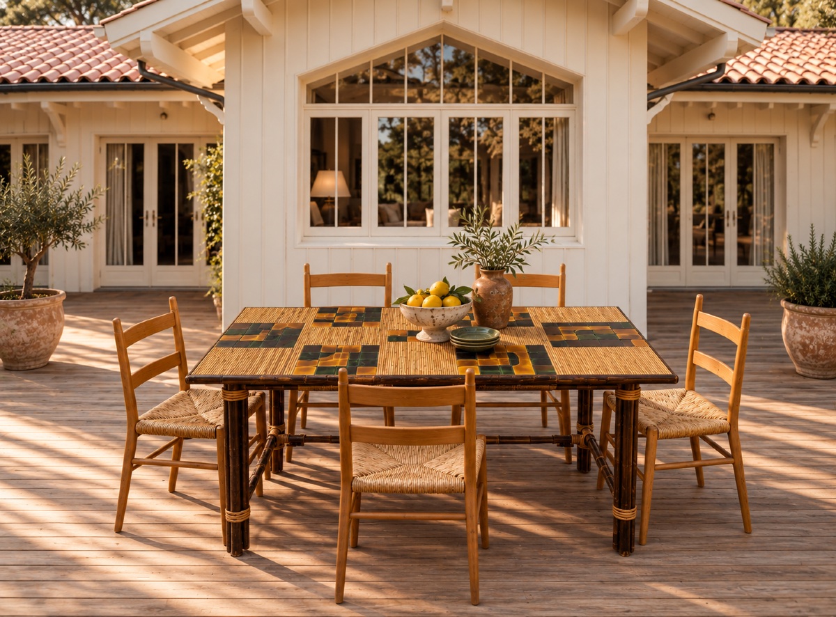 Dining Table In Stained Rattan, Bamboo, And Ceramic - Audoux & Minet-photo-1