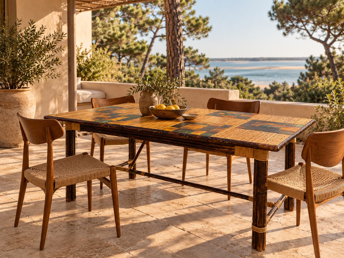 Dining Table In Stained Rattan, Bamboo, And Ceramic - Audoux & Minet-photo-2