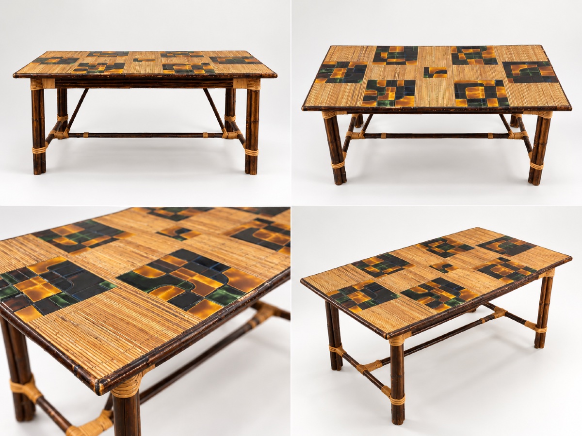 Dining Table In Stained Rattan, Bamboo, And Ceramic - Audoux & Minet-photo-3
