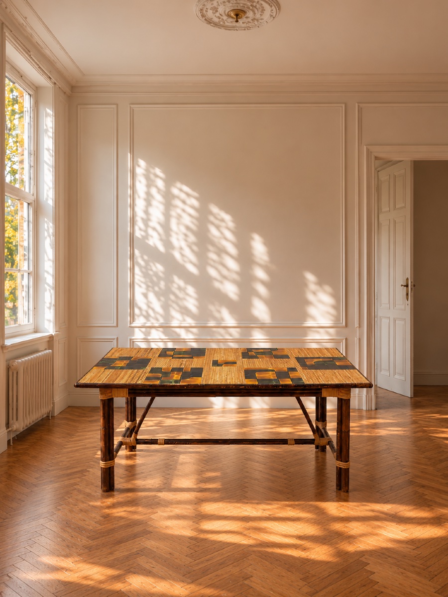 Dining Table In Stained Rattan, Bamboo, And Ceramic - Audoux & Minet