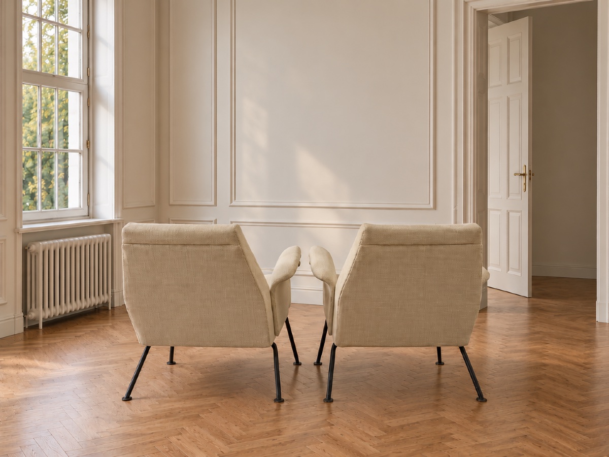 Pair Of Sand-colored Wool Armchairs - France - 1950s-photo-2
