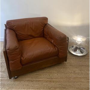 Paire de fauteuils Club Cuir cognac & Bois - Design Italien - Années 1970