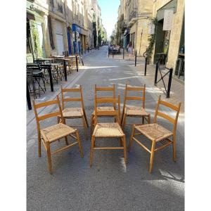 Set Of 6 Turned Wooden Chairs With Straw Seats - Yngve Ekström - Sweden, 1960