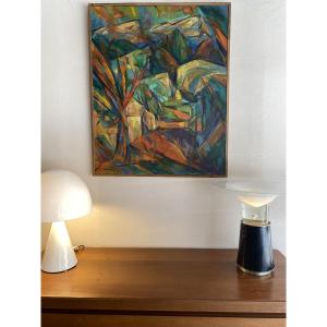 Huile sur toile " Arbres et rochers " de Claude Vallet - 
