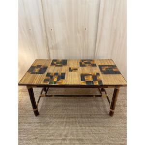 Audoux & Minet - Dining Table In Stained Rattan, Bamboo, And Ceramic