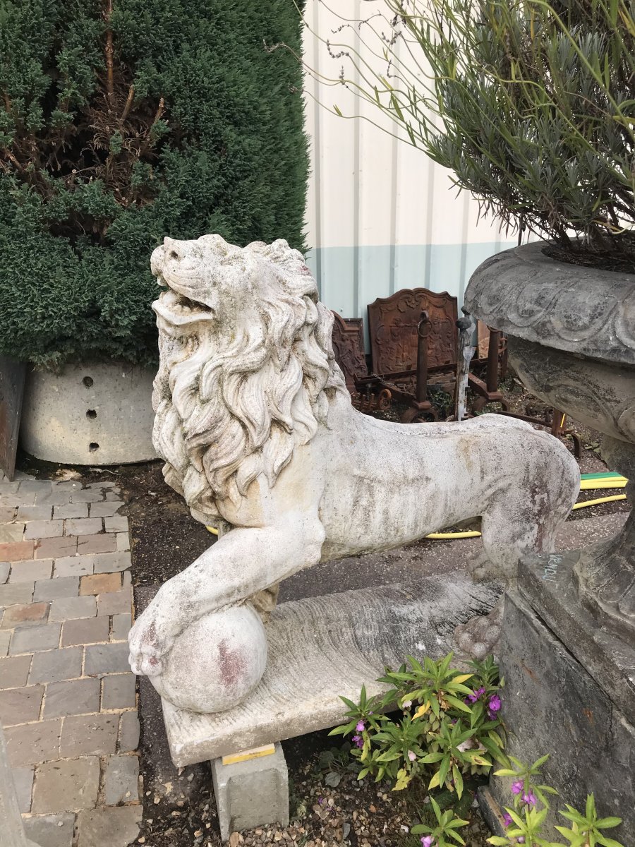 Paire De Lions En Pierre 20eme 